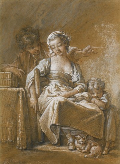 Een jonge vrouw slapend in een stoel door François Boucher